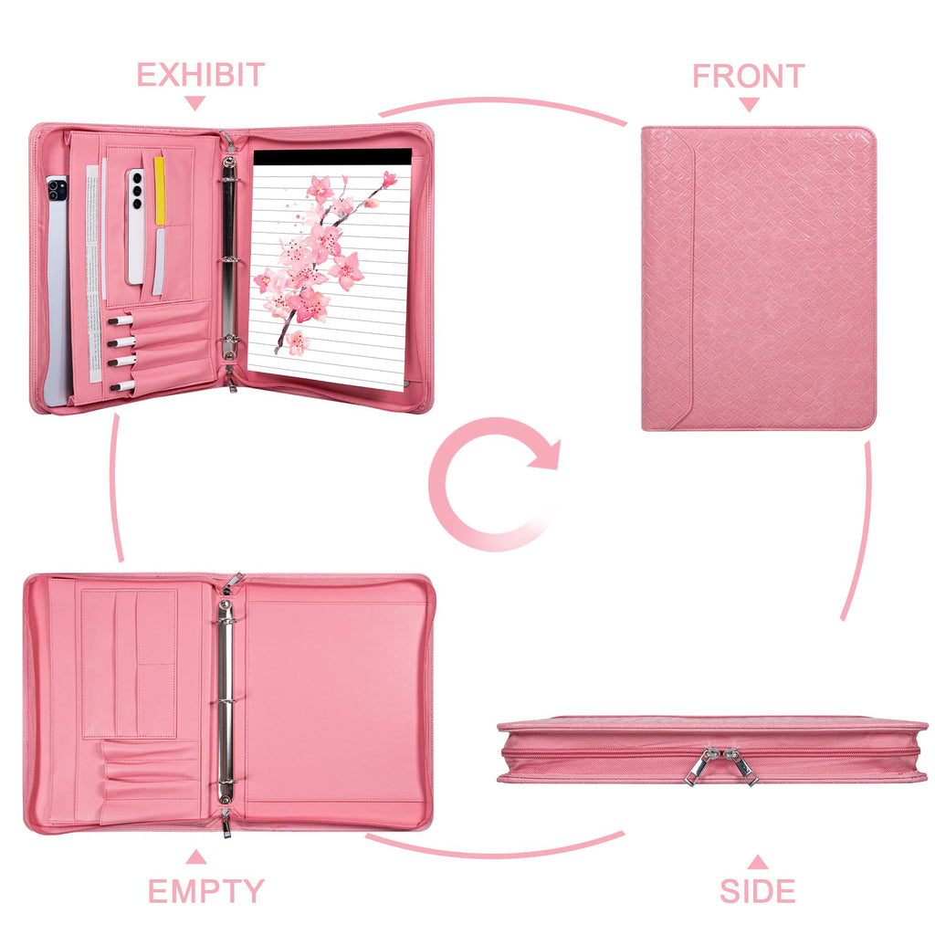 Fashionable Mesh Super Pink PU Padfolio, Vegan Leather Binder Portfolio for Women, 3 Ring Padfolio with Zipper, A4 Planner Binder Laptop Pocket, Legal Size Portfolio, Christmas Gift