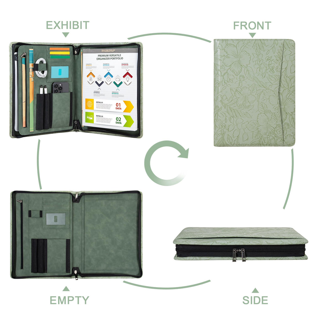 Embossed Vegan Leather Portfolio for Women,Professional Organize Padfolio with A4 Notepad Holder,Professional Business Document Organizer for Women (Light Green)