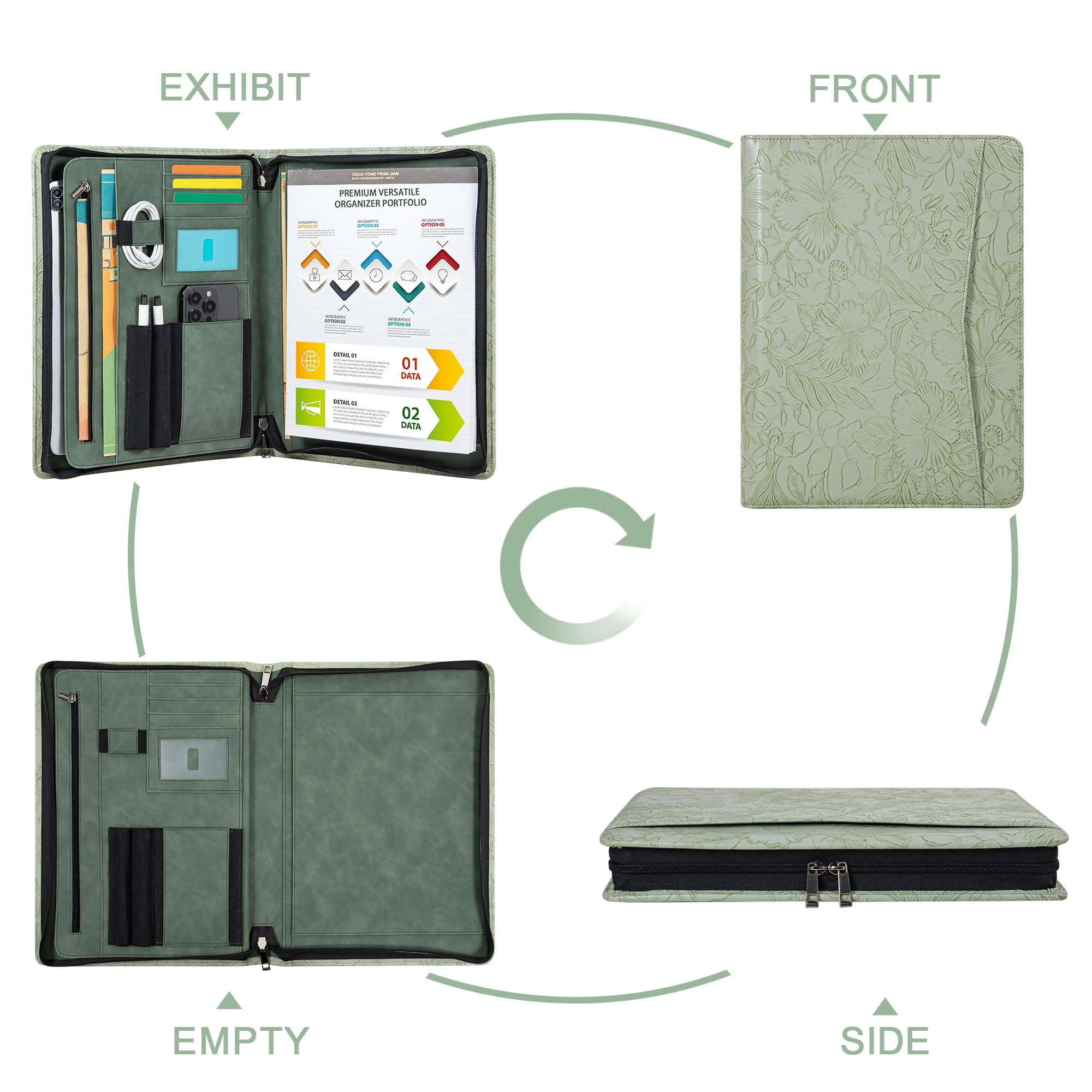 Embossed Vegan Leather Portfolio for Women,Professional Organize Padfolio with A4 Notepad Holder,Professional Business Document Organizer for Women (Light Green)