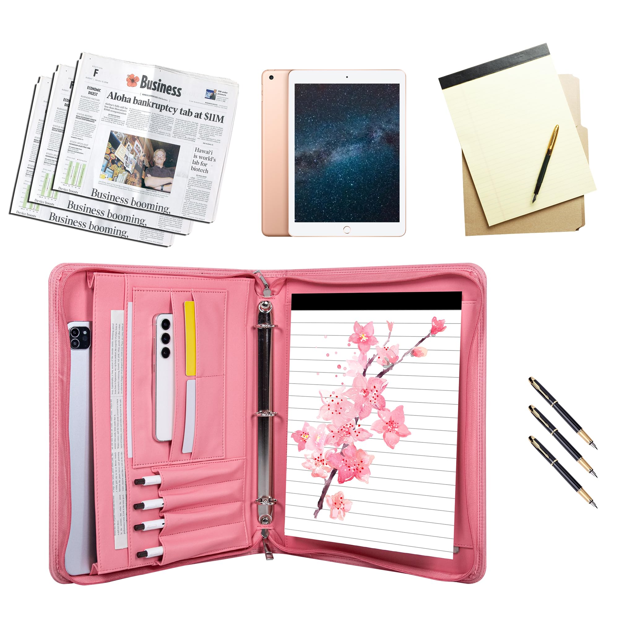 Fashionable Mesh Super Pink PU Padfolio, Vegan Leather Binder Portfolio for Women, 3 Ring Padfolio with Zipper, A4 Planner Binder Laptop Pocket, Legal Size Portfolio, Christmas Gift