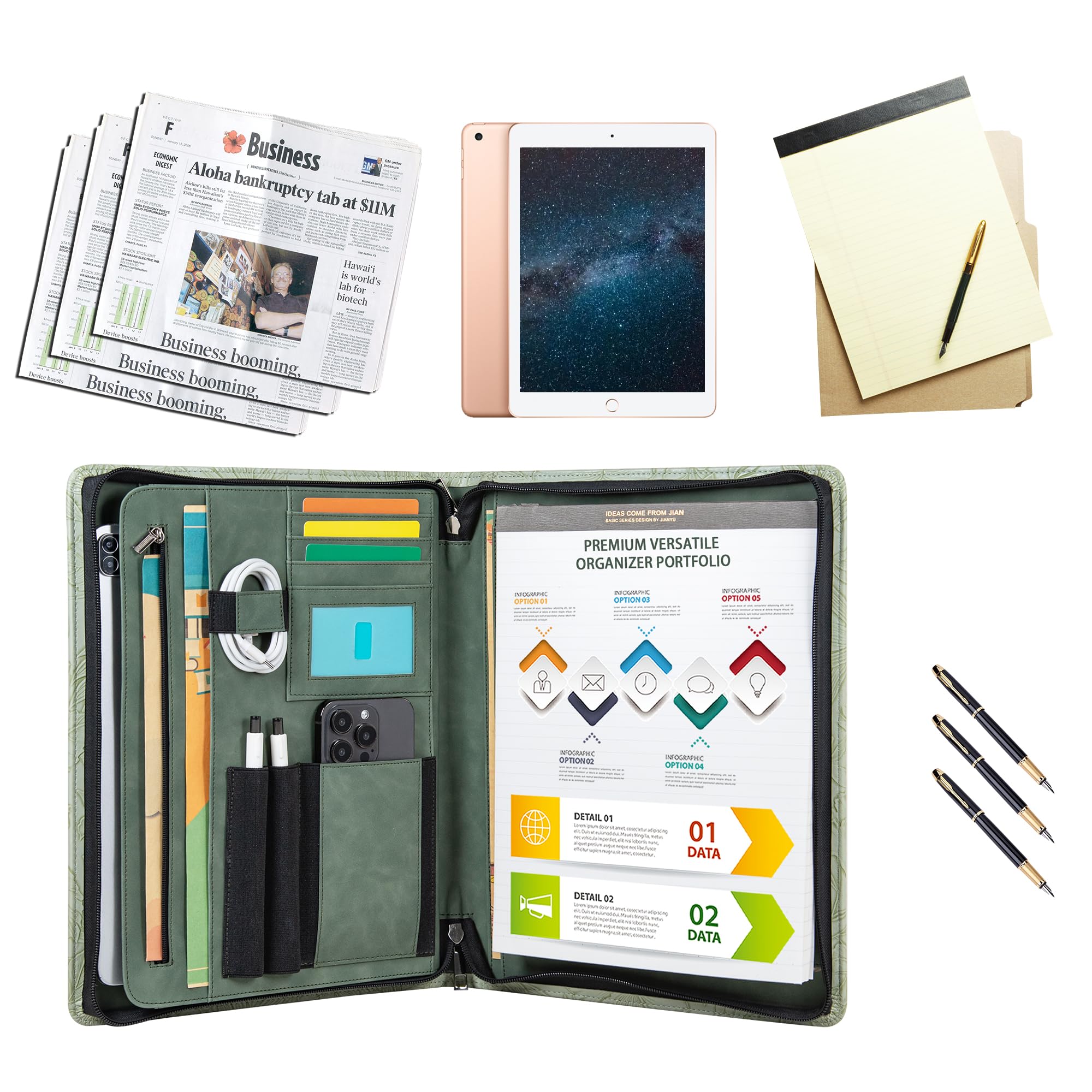 Embossed Vegan Leather Portfolio for Women,Professional Organize Padfolio with A4 Notepad Holder,Professional Business Document Organizer for Women (Light Green)