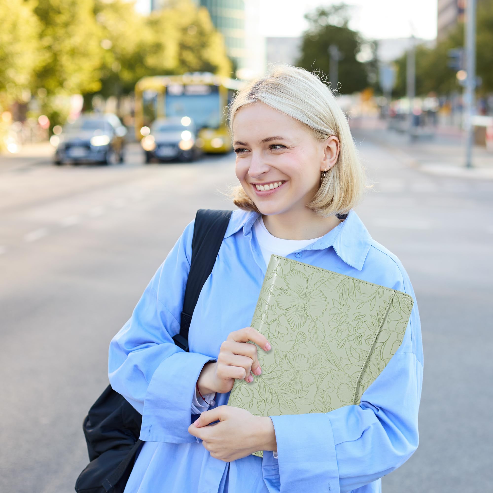 Embossed Vegan Leather Portfolio for Women,Professional Organize Padfolio with A4 Notepad Holder,Professional Business Document Organizer for Women (Light Green)