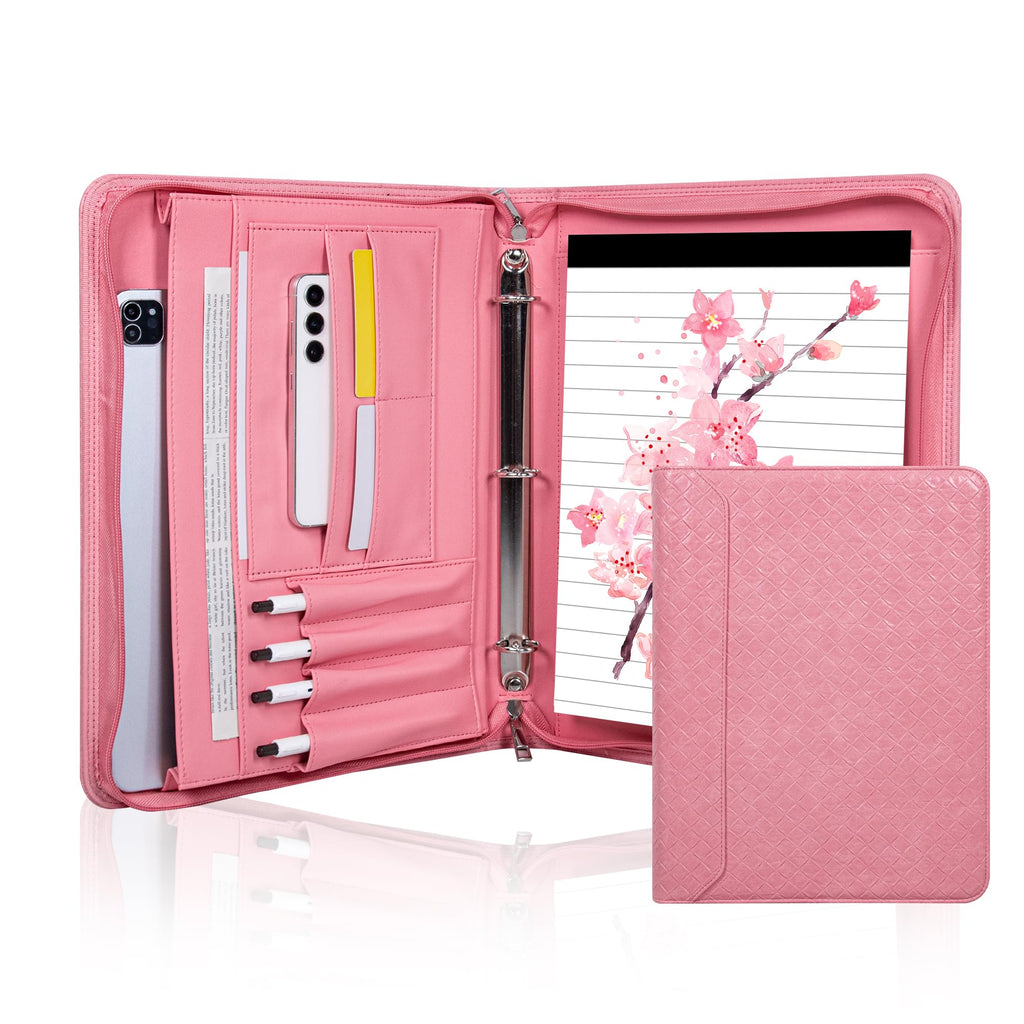 Fashionable Mesh Super Pink PU Padfolio, Vegan Leather Binder Portfolio for Women, 3 Ring Padfolio with Zipper, A4 Planner Binder Laptop Pocket, Legal Size Portfolio, Christmas Gift
