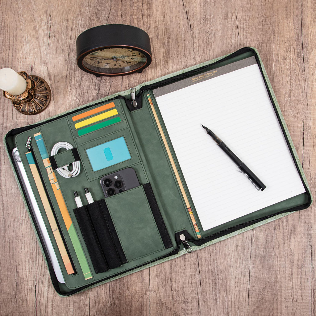 Embossed Vegan Leather Portfolio for Women,Professional Organize Padfolio with A4 Notepad Holder,Professional Business Document Organizer for Women (Light Green)